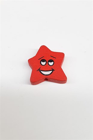 Red Wooden Bead with Star Emoji Pattern