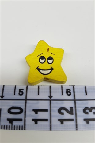 Yellow Wooden Bead with Star Emoji Pattern