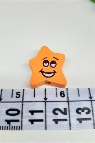 Orange Wooden Bead with Star Emoji Pattern