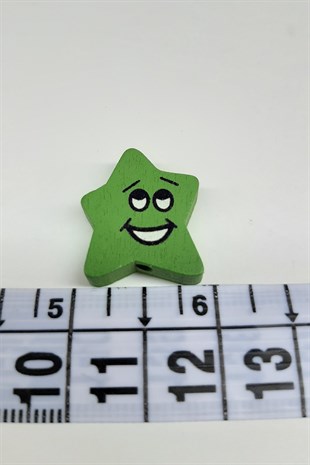 Green Wooden Bead with Star Emoji Pattern