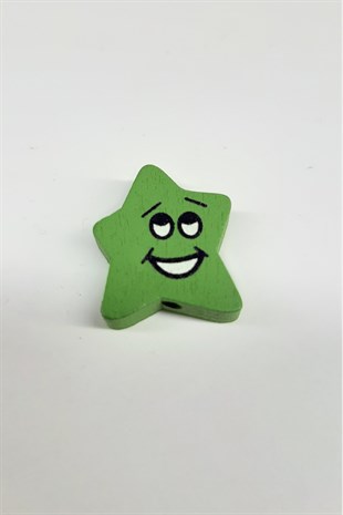 Green Wooden Bead with Star Emoji Pattern