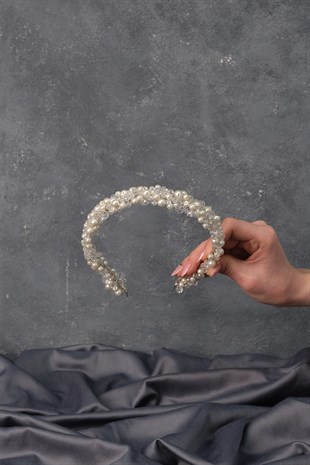 Yogun İncili Kristal Boncuklu Gelin Tacı