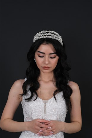 Yoğun İncili Özel Tasarım 3 Sıralı Gelin Tacı