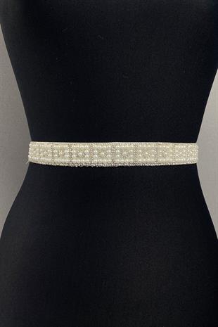حزام فستان حجري مطرز بالخرز الكريمي المكثف