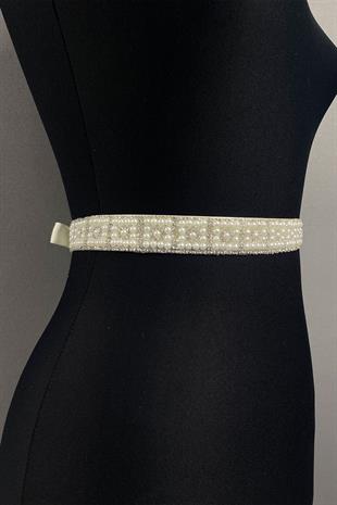 حزام فستان حجري مطرز بالخرز الكريمي المكثف