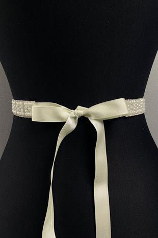 حزام فستان حجري مطرز بالخرز الكريمي المكثف