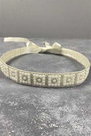 حزام فستان حجري مطرز بالخرز الكريمي المكثف