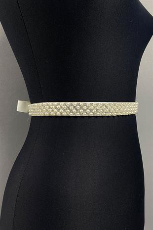 حزام فستان مطرز باللؤلؤ الكريمي الكثيف