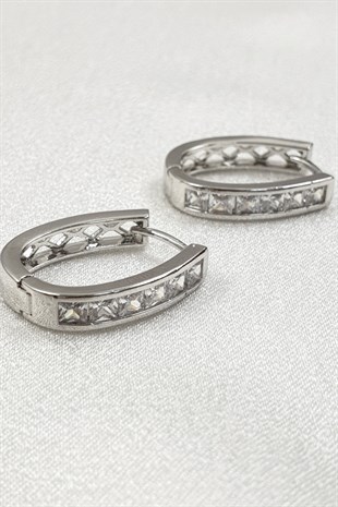 Yuvalı Baget Taşlı Silver Taşlı Küpe