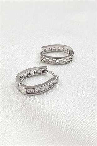 Yuvalı Baget Taşlı Silver Taşlı Küpe