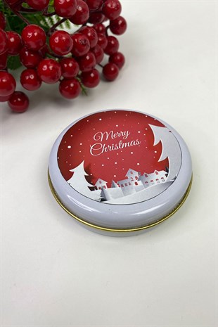 Yuvarlak Beyaz Teneke Kutu Beyaz Merry Christmas Baskılı