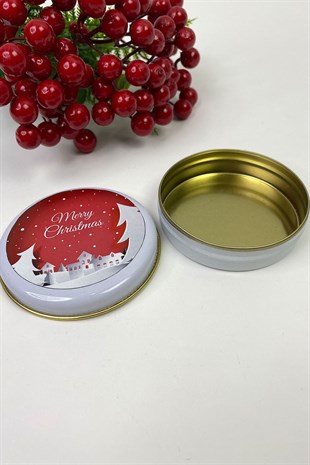 Yuvarlak Beyaz Teneke Kutu Beyaz Merry Christmas Baskılı