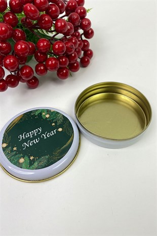 Yuvarlak Beyaz Teneke Kutu Yeşil Happy New Year Baskılı