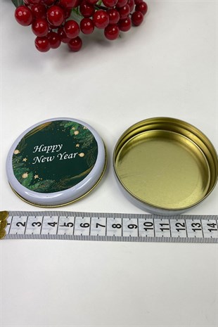 Yuvarlak Beyaz Teneke Kutu Yeşil Happy New Year Baskılı