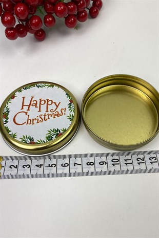 Yuvarlak Gold Teneke Kutu Happy Christmas Baskılı