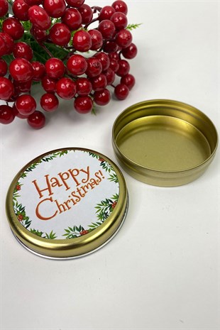 Yuvarlak Gold Teneke Kutu Happy Christmas Baskılı