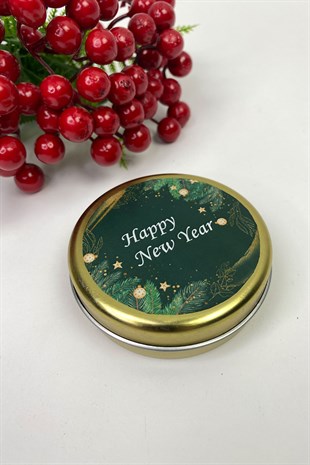 Yuvarlak Gold Teneke Kutu Yeşil Happy New Year Baskılı