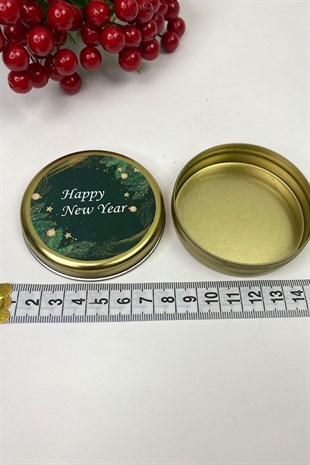 Yuvarlak Gold Teneke Kutu Yeşil Happy New Year Baskılı