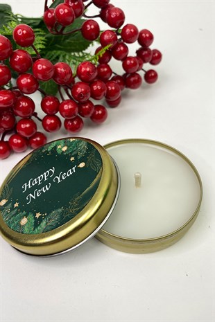 Yuvarlak Gold Teneke Mum Yeşil Happy New Year Baskılı