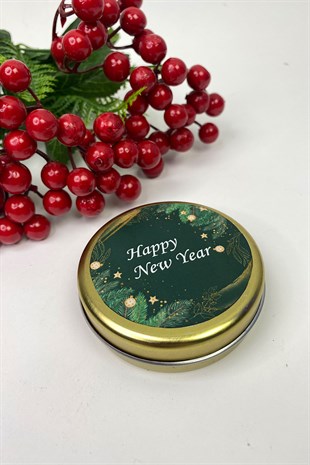 Yuvarlak Gold Teneke Mum Yeşil Happy New Year Baskılı