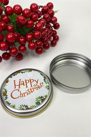 Yuvarlak Gümüş Teneke Kutu Happy Christmas Baskılı