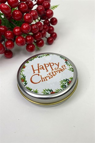Yuvarlak Gümüş Teneke Kutu Happy Christmas Baskılı