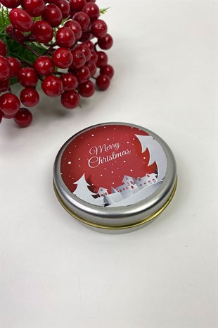 Yuvarlak Gümüş Teneke Kutu Kırmızı Merry Christmas Baskılı
