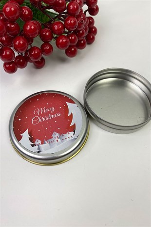 Yuvarlak Gümüş Teneke Kutu Kırmızı Merry Christmas Baskılı