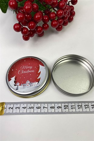 Yuvarlak Gümüş Teneke Kutu Kırmızı Merry Christmas Baskılı