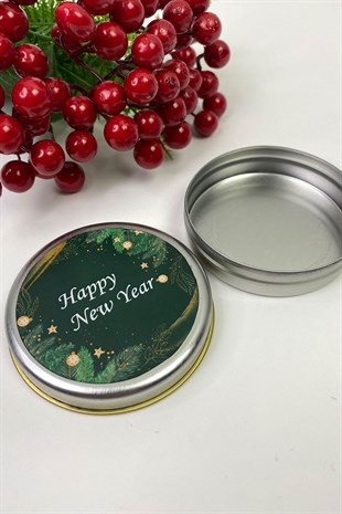Yuvarlak Gümüş Teneke Kutu Yeşil Happy New Year Baskılı