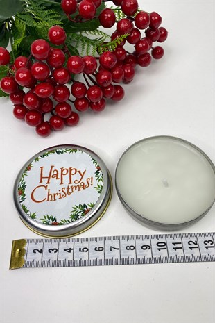 Yuvarlak Gümüş Teneke Mum Happy Christmas Baskılı