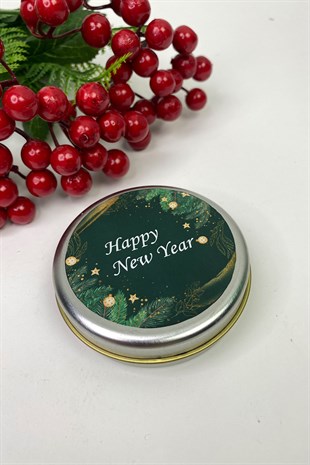 Yuvarlak Gümüş Teneke Mum Yeşil Happy New Year Baskılı