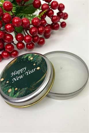 Yuvarlak Gümüş Teneke Mum Yeşil Happy New Year Baskılı