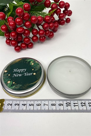 Yuvarlak Gümüş Teneke Mum Yeşil Happy New Year Baskılı