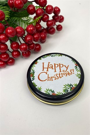 Yuvarlak Siyah Teneke Mum Happy Christmas Baskılı