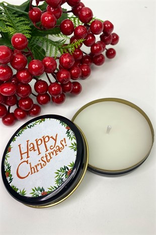 Yuvarlak Siyah Teneke Mum Happy Christmas Baskılı