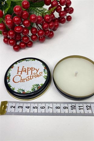 Yuvarlak Siyah Teneke Mum Happy Christmas Baskılı