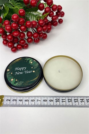 Yuvarlak Siyah Teneke Mum Yeşil Happy New Year Baskılı