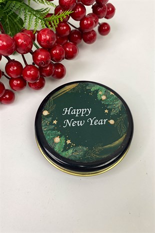 Yuvarlak Siyah Teneke Mum Yeşil Happy New Year Baskılı