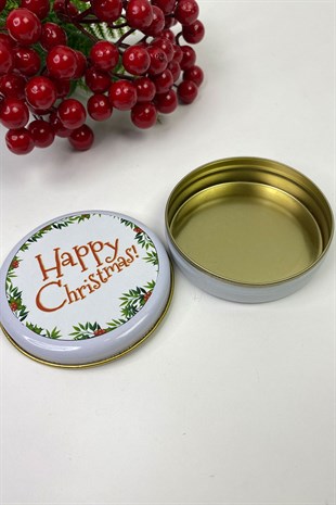 Yuvarlak Teneke Kutu Beyaz Happy Christmas Baskılı