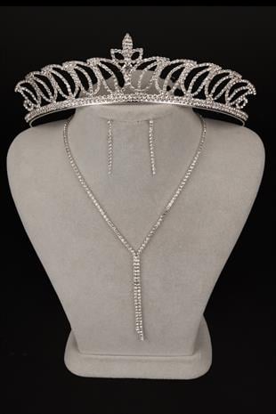 Zarif Su Yolu Kristal Taşlı Abiye Kolye Küpe Seti Ve Lale Gelin Tacı