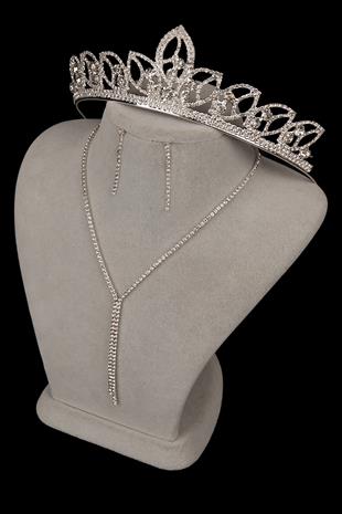 Zarif Su Yolu Kristal Taşlı Abiye Kolye Küpe Seti Ve Yaprak Gelin Tacı