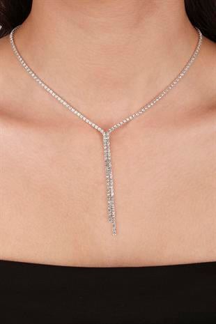 Zarif Su Yolu Kristal Taşlı Abiye Kolye Küpe Seti Ve Lale Gelin Tacı