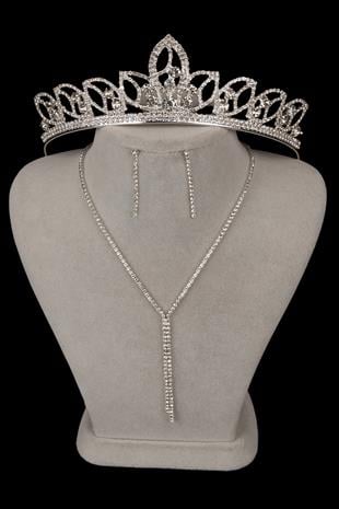 Zarif Su Yolu Kristal Taşlı Abiye Kolye Küpe Seti Ve Yaprak Gelin Tacı