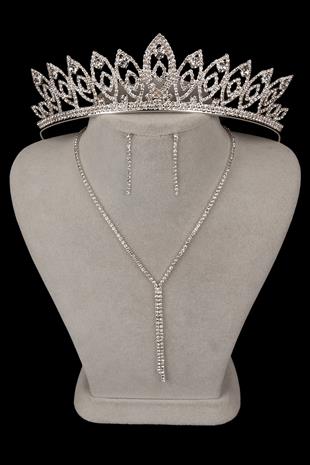 Elegant Waterway Crystal Stone Evening Dress Necklace Earring Set and Thin Leaf Bridal Crown