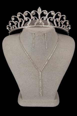 Zarif Su Yolu Kristal Taşlı Abiye Kolye Küpe Seti Ve Gül Gelin Tacı