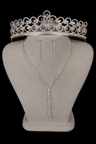 Zarif Su Yolu Kristal Taşlı Abiye Kolye Küpe Seti Çiçek Gelin Tacı