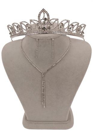 Zarif Su Yolu Kristal Taşlı Abiye Kolye Küpe Seti Ve Yaprak Gelin Tacı