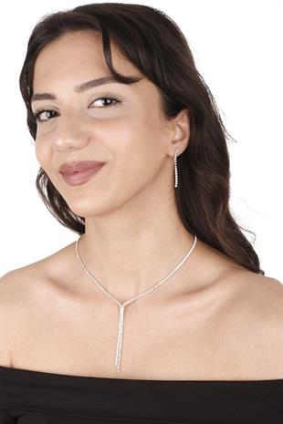 Elegant Waterway Crystal Stone Evening Dress Necklace Earring Set and Thin Leaf Bridal Crown
