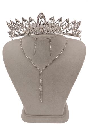 Elegant Waterway Crystal Stone Evening Dress Necklace Earring Set and Thin Leaf Bridal Crown